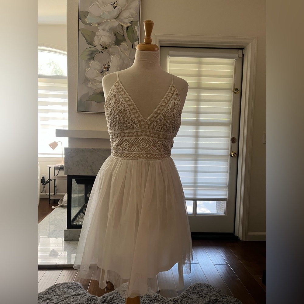 Lace Bodice White Mini Dress with Tulle Skirt